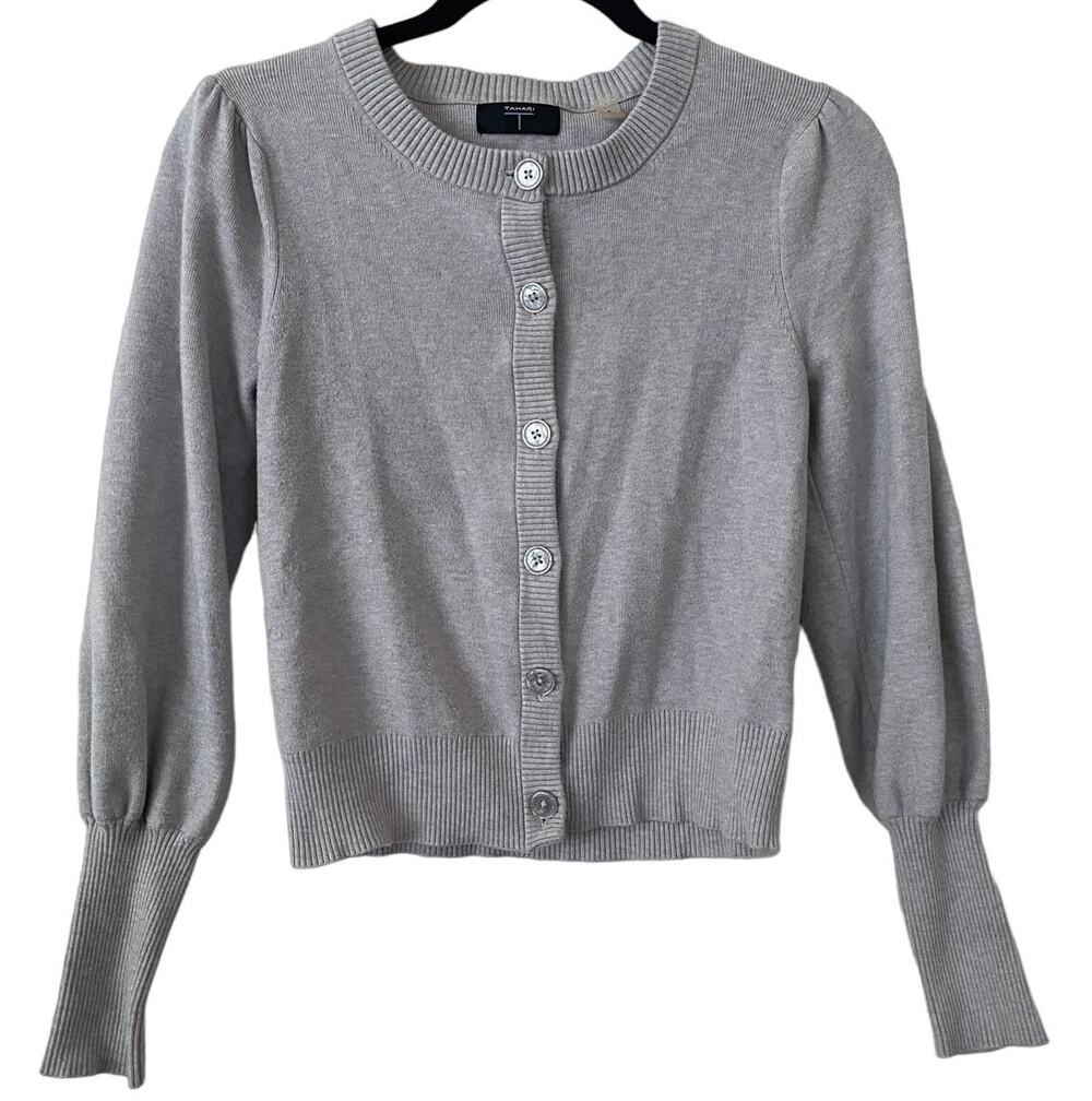 Tahari Grey Puff Sleeve Button Sweater Cardigan Small Preppy Casual Minimalist